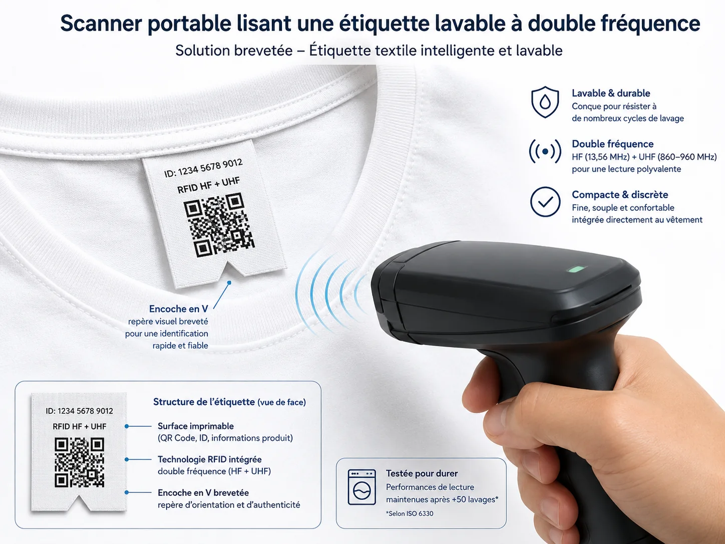 Étiquette textile intelligente et lavable avec identification RFID et accès QR